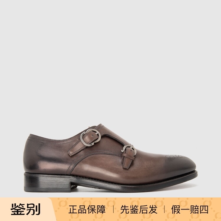 FERRAGAMO菲拉格慕秋冬新品牛皮尖头男一脚蹬孟克鞋休闲皮鞋